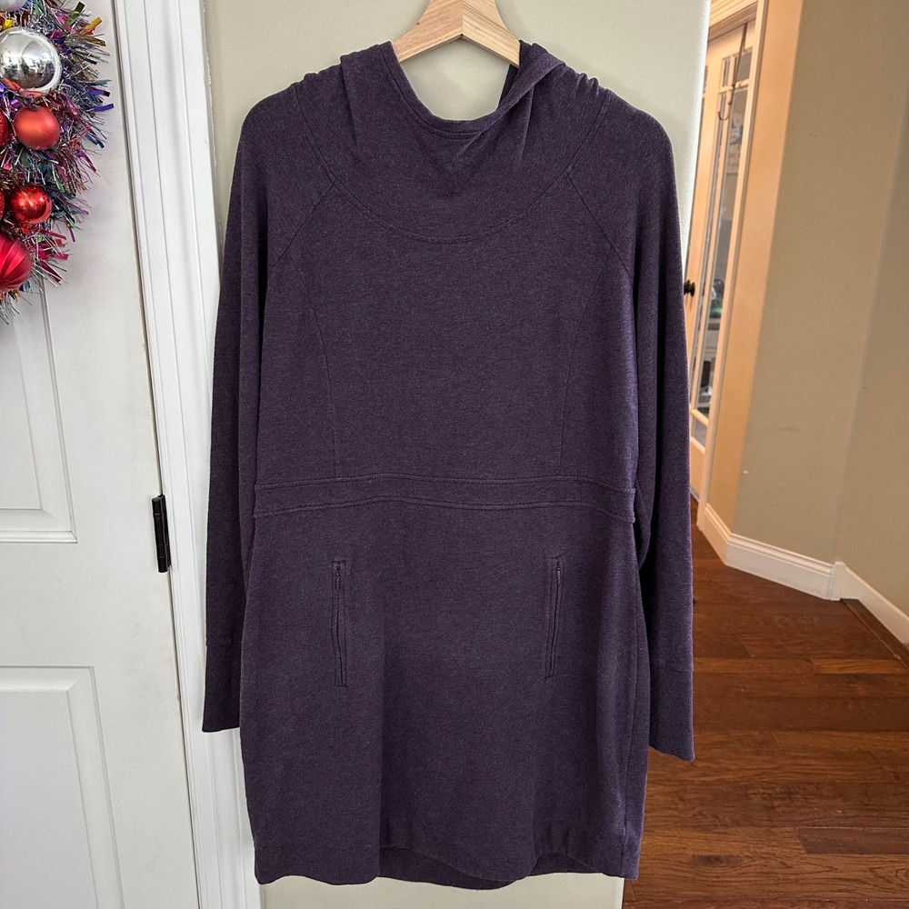 Athleta Blissful Power Down Purple Cowl Neck Hoodie Dress Pockets Size Large L